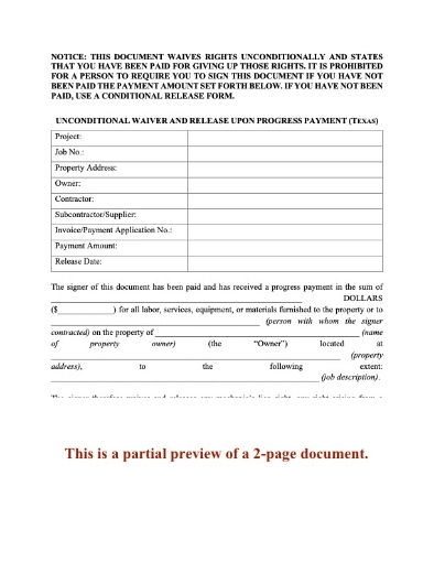 Texas Unconditional Lien Waiver and Release on Progress Payment