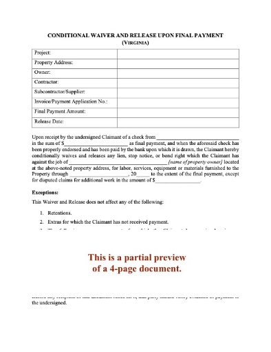 Virginia Conditional Lien Waiver and Release on Final Payment