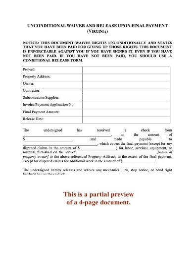 Virginia Unconditional Lien Waiver and Release on Final Payment