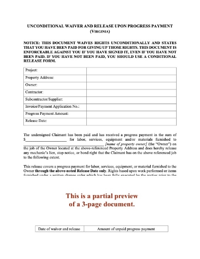 Virginia Unconditional Lien Waiver and Release on Progress Payment
