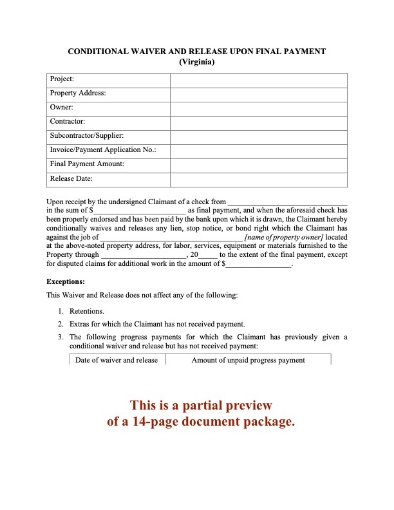 Virginia Lien Waiver and Release Forms Package