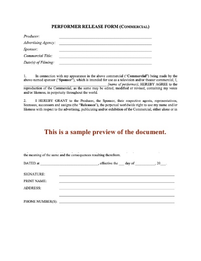 Performer Release Form (TV Commercial)