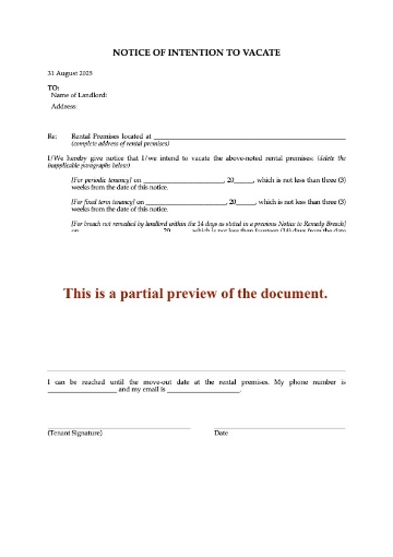 Australian Capital Territory Tenant Notice to Landlord of Intention to Vacate