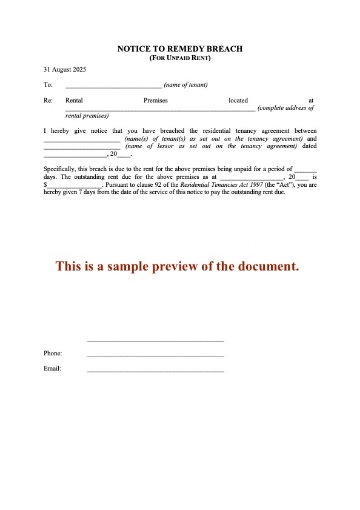 Australian Capital Territory Notice to Remedy Breach for Nonpayment of Rent