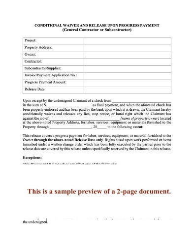 Vermont Conditional Lien Waiver and Release on Progress Payment