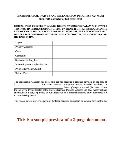 Vermont Unconditional Lien Waiver and Release on Progress Payment
