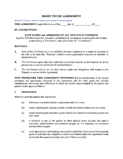 Right of Use Agreement for Vacation Property