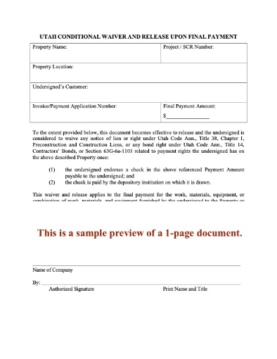 Picture of Utah Conditional Lien Waiver and Release on Final Payment