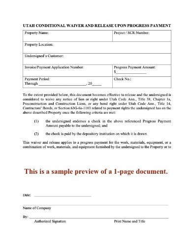 Utah Conditional Lien Waiver and Release on Progress Payment