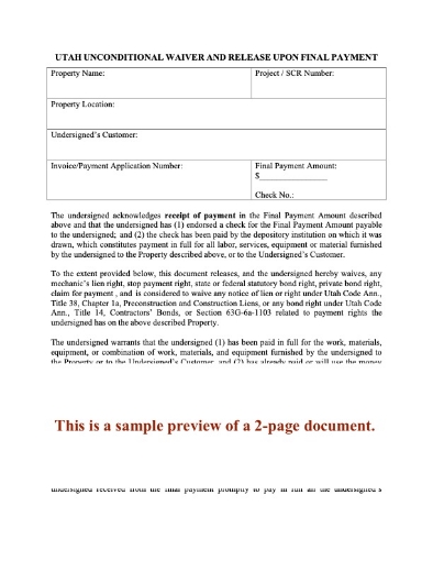 Utah Lien Waiver and Release on Final Payment