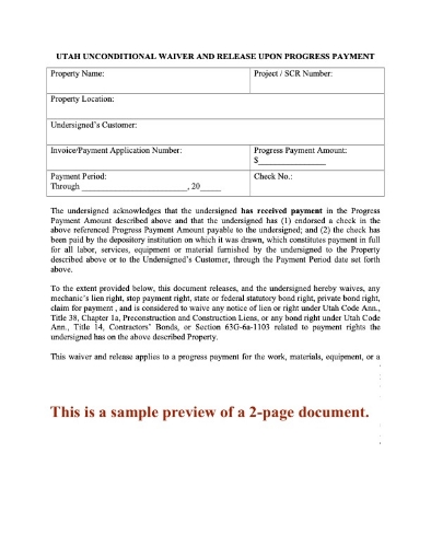 Picture of Utah Unconditional Lien Waiver and Release on Progress Payment