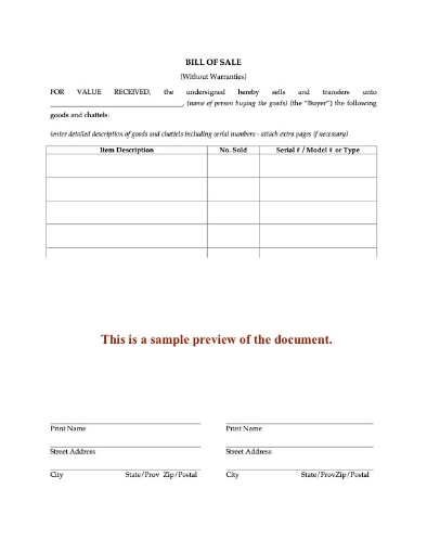 Bill of Sale without Warranties