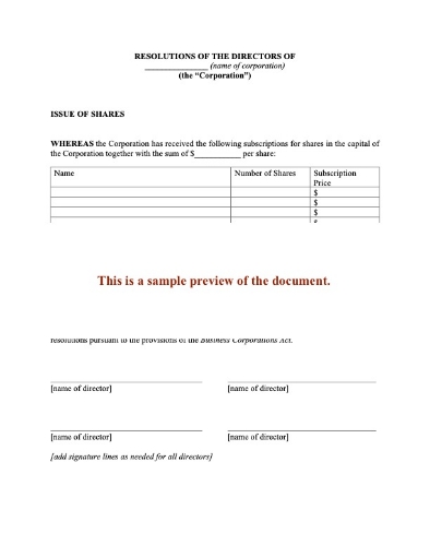 Canada Directors Resolution to Issue New Shares