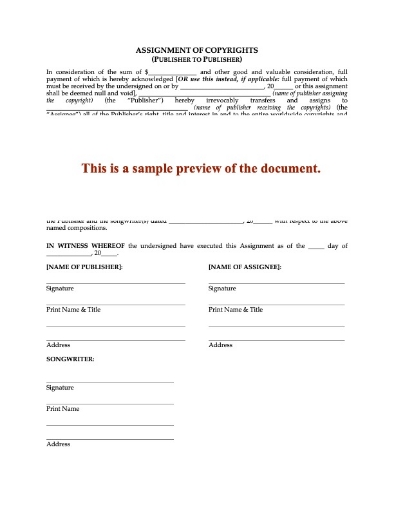 Assignment of Copyright Form between Music Publishers