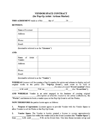 Pop-Up Vendor Space Contract for Art Market