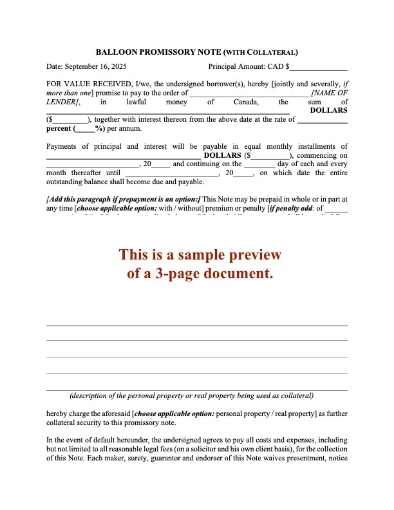 Canada Balloon Promissory Note with Collateral