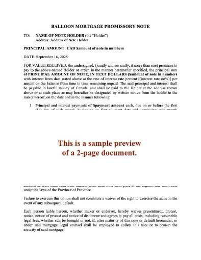 Canada Balloon Mortgage Promissory Note