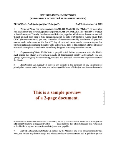 Canada Installment Note with Prepayment Fee