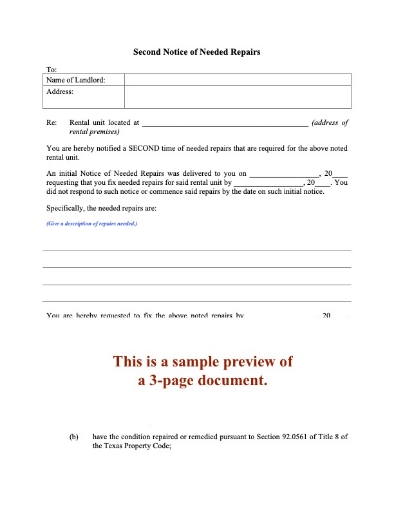 Texas Second Notice to Landlord of Needed Repairs