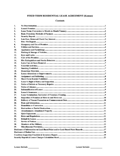 Kansas Fixed Term Residential Lease Agreement