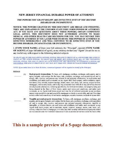 New Jersey Financial Durable Springing Power of Attorney