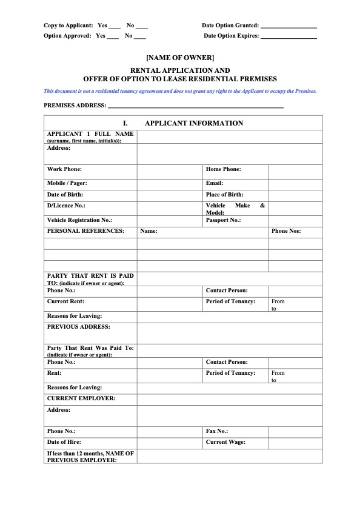 Western Australia Rental Application and Offer of Option to Lease