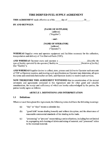 USA Tire Derived (TDF) Fuel Supply Agreement