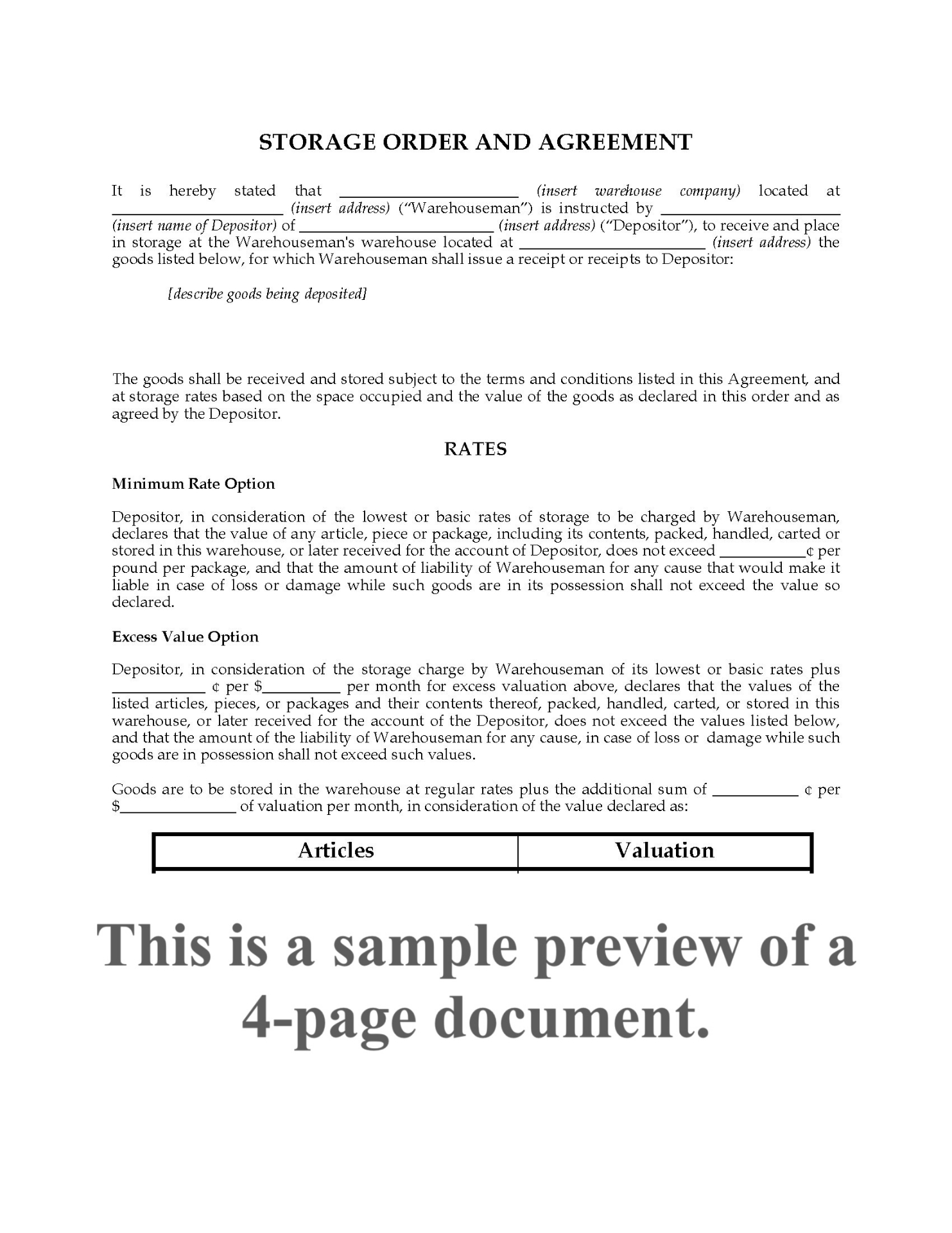 Storage Order and Agreement template | MegaDox.com