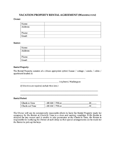 Washington Vacation Property Short-Term Rental Agreement