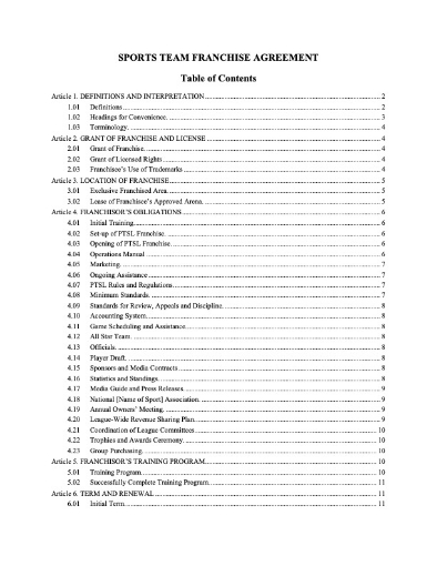 USA Franchise Agreement for Sports Team