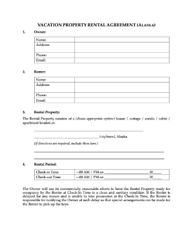 Alaska Vacation Property Short-Term Rental Agreement