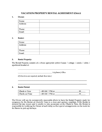 Ohio Vacation Property Short-Term Rental Agreement