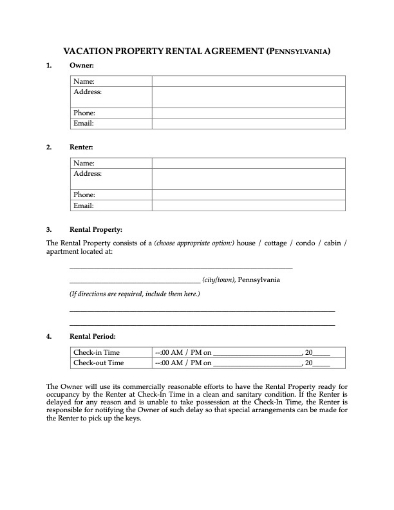 Pennsylvania Vacation Property Short-Term Rental Agreement
