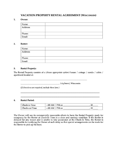 Wisconsin Vacation Home Short-Term Rental Agreement