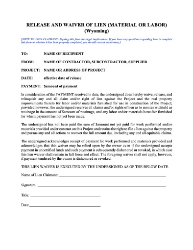 Wyoming Release and Waiver of Lien (Material or Labor)