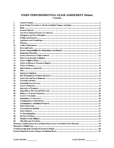 Maine Fixed Term Residential Lease Agreement