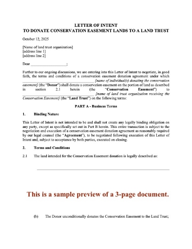 Letter of Intent to Donate Conservation Easement to Land Trust