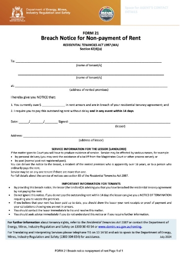 Western Australia Breach Notice for Non-Payment of Rent