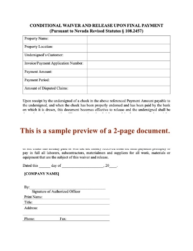 Nevada Conditional Lien Waiver and Release on Final Payment