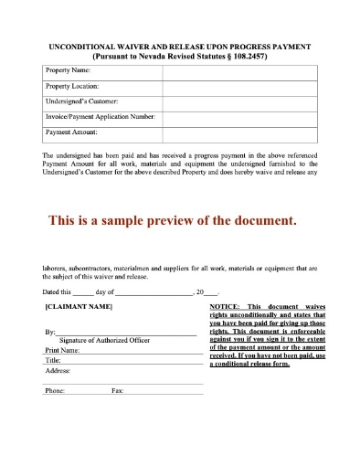 Nevada Unconditional Lien Waiver and Release Upon Progress Payment