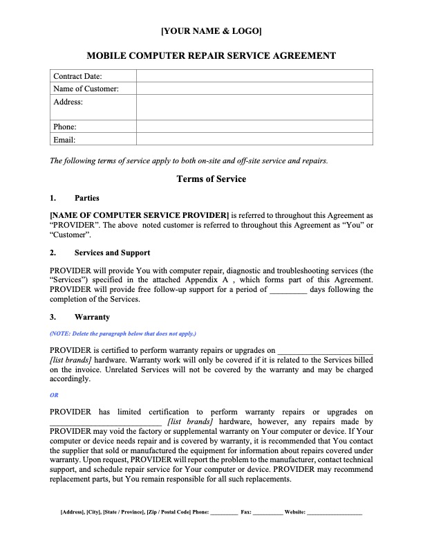 Mobile Computer Repair Service Agreement | MegaDox.com