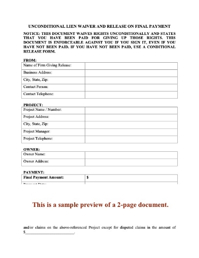 Washington Unconditional Lien Waiver and Release on Final Payment