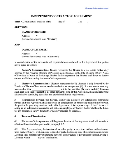 Canada Independent Contractor Agreement between Broker and Real Estate Agent
