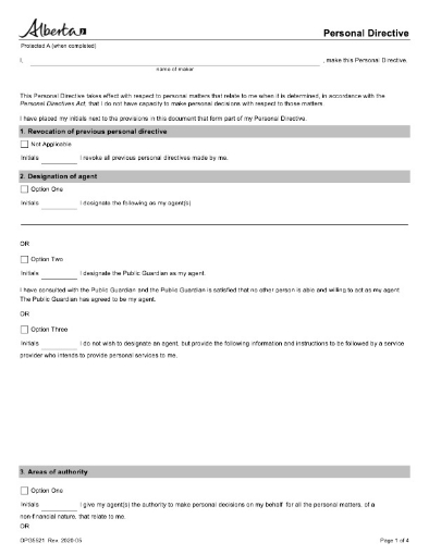 Alberta Personal Directive Form