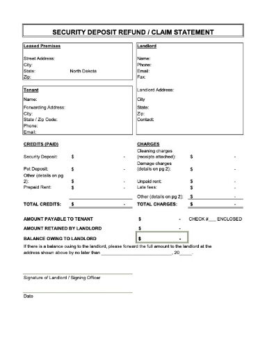 North Dakota Security Deposit Statement