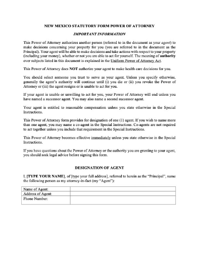New Mexico Statutory Form Power of Attorney