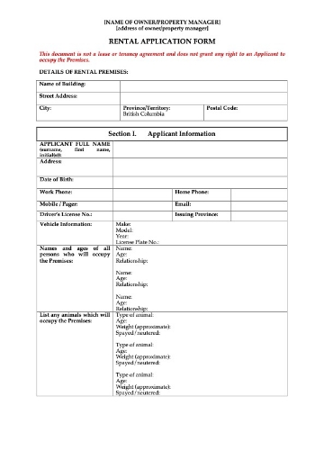 British Columbia Rental Application Form