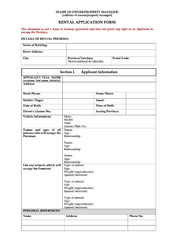 Newfoundland Rental Application Form