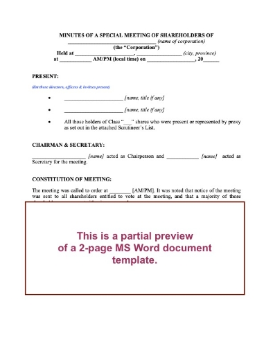 Canada Special Meeting of Shareholders Corporate Minutes Template